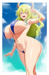 1girl 1girls 2024 2d 2d_artwork armpits artist_logo artist_signature ass bangs bare_arms bare_legs bare_shoulders bare_thighs beach beach_episode belly belly_button big_ass big_breasts big_butt bikini blonde_hair blue_bikini blue_hair blue_sky blue_slingshot_swimsuit blush blushing breasts breedable cleavage closed_eyes color colored curvy curvy_female curvy_figure dragon dragon_horns dragon_humanoid dragon_maid full_color goddess gradient_hair green_hair handplug highres hips horns huge_ass huge_breasts huge_butt kobayashi-san_chi_no_maidragon large_ass large_breasts large_butt light-skinned_female light_skin long_hair lucoa lucoa_(maidragon) manga massive_breasts miss_kobayashi's_dragon_maid multicolored_hair nails naughty_dragons naughty_face navel open_mouth outdoors outside quetzalcoatl_(dragon_maid) seductive sideboob sky sling_bikini slingshot_swimsuit smile smiling smiling_at_viewer solo swimsuit thick_thighs thighs very_long_hair voluptuous voluptuous_female wide_hips