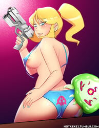 1girls areola_slip areolae ass baby_(metroid) bikini bikini_bottom biting_lip biting_on_ass blonde_hair breasts cameltoe cleavage female hotkeke1 human large_breasts metroid metroid_(creature) nintendo ponytail samus_aran undone wardrobe_malfunction