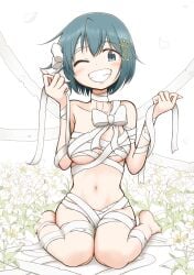 1girls artist_request blue_eyes blue_hair bondage breasts feet flower happy human human_only looking_at_viewer mahou_shoujo_madoka_magica miki_sayaka pale-skinned_female pale_skin puella_magi_madoka_magica short_hair simple_background smile smile_at_viewer smiley_face solo solo_female solo_focus toes white_background young