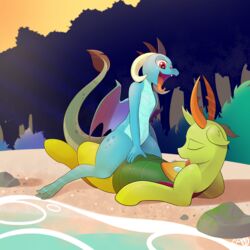 <3_eyes b-epon beach braddo changeling cowgirl_position dragon duo female forest friendship_is_magic heart king_thorax_(mlp) male my_little_pony on_top princess_ember_(mlp) river scalie seaside sex straight suggestive thorax_(mlp) tongue tree