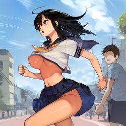 act-age ai_generated bouncing_breasts medium_breasts nipple_slip nipples no_bra no_panties novelai outdoors running school_uniform self_upload somethingweird street tagme upskirt wardrobe_malfunction yonagi_kei