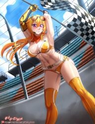 1girls abs blonde_female blonde_hair bra checkered_flag half-dressed half_naked hocen long_hair long_hair_female panties purple_eyes race_queen robotic_arm rwby sunglasses sunglasses_on_head yang_xiao_long