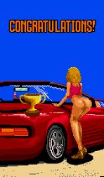 1girl ass beach blonde_hair bottomless car facing_away female female_only high_heel_boots light-skinned_female light_skin outrun_(series) pixel_art saiwai_hiroshi sand sega trophy