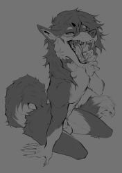 2026 animal_genitalia anthro ass balls biped canid canine claws countershade_torso countershading digital_drawing_(artwork) digital_media_(artwork) fingers front_view fur genitals hair male mammal momobeda nude nude_anthro nude_male sheath sitting solo tail teeth tongue