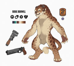 1boy animal_genitalia animal_penis anthro armpit_hair balls big_balls big_claws blue_eyes brown_fur charr chest_fur claws color_palette darkened_genitals feline fluffy fully_sheathed fur guild_wars gun handgun horn instrument male male_only mammal model_sheet nude penis pistol ranged_weapon sheath simple_background snowskau solo standing tools video_games weapon white_background wrench