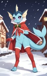 1girls 2026 ai_generated anthro blushing bow_ribbon christmas christmas_outfit cloak digitigrade eeveelution female female_only flat_chest generation_1_pokemon gloves grey_body hi_res holidays innie_pussy mostly_nude mostly_nude_female night nintendo nude nude_female outdoors pokemon pokemon_(species) purple_eyes pussy smile snow snowing thighhighs vaporeon zonoya_(artist)