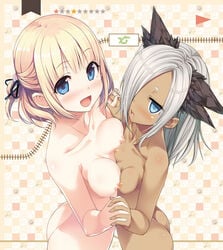 2girls :d absurdres ass asymmetrical_docking blonde_hair blue_eyes blush breast_press breasts collarbone crossover cura dark_skin empty_eyes enty_reward from_side hair_over_one_eye hair_ribbon half_updo highres hinai_paulette holding_hands interlocked_fingers looking_at_viewer maeda_kei maitetsu medium_breasts monobeno multiple_girls nanatsurao nipples nude open_mouth paid_reward pointy_chin ribbon seiyuu_connection silver_hair small_breasts smile