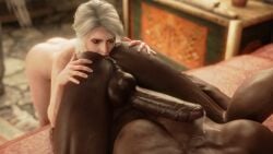 3d anilingus ass cd_projekt_red ciri completely_nude_female dark-skinned_male eating_ass green_eyes hand_on_ass huge_cock interracial muscular_male reclining rimjob rimming rimming_male stephanie23 submissive_female testicles the_witcher_(series) the_witcher_3:_wild_hunt white_hair