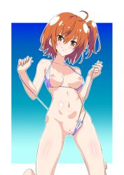 ahoge bare_shoulders bikini blush breasts breasts_out censored clothes_pull commentary_request fate/grand_order fate_(series) female fujimaru_ritsuka_(female) gin'you_haru highres kneeling looking_at_viewer medium_breasts navel nipples one_side_up open_clothes orange_eyes orange_hair pussy short_hair smile solo swimsuit thighs untied_bikini white_bikini