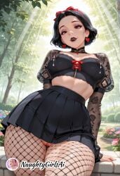 ai_generated artist_name black_hair black_skirt breasts brown_eyes choker disney disney_princess earrings female fishnet_pantyhose fishnets flower hairband jewelry lipstick looking_at_viewer makeup naughtygirlsai outdoors pantyhose pleated_skirt princess puffy_sleeves pussy pussy_juice red_bow see-through short_hair short_sleeves skirt snow_white_(disney) snow_white_and_the_seven_dwarfs_(1937_film) solo