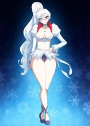 rwby kmkz-art weiss_schnee 1girls solo_female half-dressed half_naked half_naked_female white_hair white_hair_female long_hair long_hair_female panties cleavage blue_eyes scar_across_eye pose posing hand_on_hip