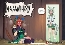 2girls ai_generated animal_ears blue_eyes blush brown_hair caught door ear_covers embarrassed english_text full-face_blush gloves grey_hair hair_ornament horse_ears horse_girl horse_tail king_halo_(umamusume) long_hair multiple_girls open_mouth seiun_sky_(umamusume) short_hair shorts sitting speech_bubble standing surprised sweat sweating_profusely tail thighhighs tillian umamusume umamusume_pretty_derby walk-in
