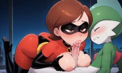 1boy 1boy1girl ai_generated ass black_gloves blowjob bodysuit boots breasts brown_eyes brown_hair crossover cum cum_between_breasts cum_in_mouth disney eastern_and_western_character elastigirl feet_up fellatio female female_human/male_pokemon gallade gloves half-closed_eyes helen_parr high_heel_boots medium_breasts nintendo oppai oral_creampie paizufella paizuri paizuri_fellatio pixar pokemon pokephilia short_hair superhero superheroine the_incredibles the_incredibles_2 thighhighs titjob