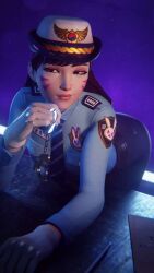 1girls 3d 3d_(artwork) 3difill arched_back bent_over clothed clothed_female clothing d.va female female_focus female_only gloves handcuffs light-skinned_female light_skin lowres overwatch police_officer_d.va police_uniform policewoman safe_for_work seductive seductive_look sfw white_gloves