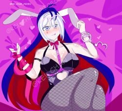 1girls artist_name artist_signature big_breasts bluah blue_eyes blue_hair blush bodysuit bow breasts countryhumans countryhumans_girl handcuffs heart kei_chan_pizdec licking_own_lips pink_background rabbit_costume rabbit_ears rabbit_hole_(vocaloid) red_hair ribbon ribbon_around_arm russia_(countryhumans) simple_background tagme tattoo_on_cheek tongue_out watermark white_hair