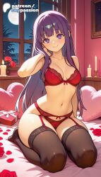 1girls 2026 ai_assisted ai_generated anime artist_name bed bed_sheet bouquet bra breasts bust condom condom_packet_strip condom_wrapper explicit fern_(sousou_no_frieren) flower frieren_beyond_journey's_end garter_belt garter_straps gift hi_res high_quality high_resolution highres indoors long_hair looking_at_viewer navel night night_sky on_bed patreon patreon_username petals pillow pink_rose purple_eyes purple_hair red_bra red_flower red_panties red_rose rose rose_petals sky skypassion smile solo sousou_no_frieren stable_diffusion thighhighs tissue_box underwear valentine's_day watermark white_rose window