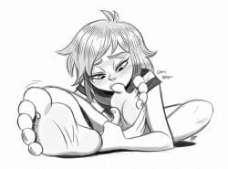 aroused blush deepcreases feet female foot_fetish foot_worship moaning original_character self_worship striped_shirt toe_sucking