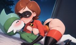 1boy 1boy1girl ai_generated ass black_gloves bodysuit boots breasts brown_eyes brown_hair crossover disney domino_mask elastigirl erection female female_human/male_pokemon gallade gloves half-closed_eyes helen_parr kissing lying_on_bed medium_breasts nintendo penis pixar pokemon pokephilia short_hair superhero superheroine the_incredibles the_incredibles_2 thighhighs