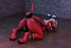 3:2 3d_(artwork) absurd_res anus arms_tied ass ass_up backsack ball_gag balls big_balls big_butt bondage bound brinsar chained chains clothing cuff_(restraint) demon demon_humanoid digital_media_(artwork) feet femboy fingerless_gloves freckles gag gagged genitals gloves hair handcuffs hands_behind_back handwear hellaverse helluva_boss hi_res hooves horn humanoid imp looking_at_viewer looking_back male male_humanoid metal_cuffs moxxie_(helluva_boss) nude perineum presenting presenting_hindquarters red_body red_skin restraints shackles solo spade_tail submissive tail toes white_hair yellow_eyes yellow_sclera
