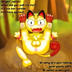 angry angry_sex anthro anus armpit_hair ass balls bananasecret blush bodily_fluids body_hair chest_tuft cuff_(restraint) digital_media_(artwork) feet felid foot_fetish forest generation_1_pokemon genitals glistening handcuffs humanoid_genitalia humanoid_penis legs_up looking_at_viewer male male/male mammal meowth meowth_(team_rocket) metal_cuffs nintendo pawpads paws penis penis_size_difference plant pokemon pokemon_(species) presenting presenting_hindquarters public public_nudity public_sex restraints sex solo sunset sweat team_rocket text tree tuft wet wet_body