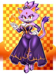 2d 2d_(artwork) 2d_artwork big_breasts big_hips big_thighs big_titties blaze_the_cat busty busty_female cat_ears cat_tail catzu89 cleavage empress eyelashes eyeshadow gem_on_forehead gloves half-closed_eyes hourglass_figure hourglass_figured_female lipstick purple_dress purple_fur purple_hair pyrokinesis red_eyes sega sonic_(series) sonic_the_hedgehog_(series) wide_hips wide_thighs