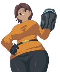 1girls arm_cannon belt black_belt black_eyes black_gloves black_pants breasts brown_hair closed_mouth clothing cowboy_shot cropped_legs curvy curvy_figure female gloves hairclip hand_on_own_hip huge_breasts large_breasts leedraw11 long_sleeves looking_down mii mii_gunner mii_gunner_(smash_4) nintendo orange_shirt orange_sweater pants parted_bangs plump shirt short_hair simple_background solo standing super_smash_bros. sweater taut_clothes thick_thighs thighs tight_clothes weapon white_background wide_hips
