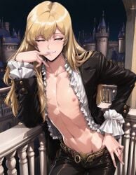 1boy ai_generated balcony biting_finger blonde_hair castle fancy_clothing femboy imminent_sex jacket long_hair night nipple_slip nipples open_clothes open_shirt original original_character outdoors outside pants pov provocative pubic_hair sexy shirt smile smiling smiling_at_viewer twink unzipped_pants