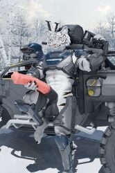 absurd_res animal_genitalia animal_penis anthro anthro_only armor big_penis black_stripes equine_genitalia equine_penis felid genitals golem_(artist) gun gun_on_shoulder headgear heavy_machine_gun helldiver helldivers helmet hi_res holding_penis machine_gun male mammal mismatched_genitalia mismatched_penis mostly_nude muscular muscular_male orange_eyes pantherine penis presenting presenting_penis ranged_weapon snow solo stripes tiger weapon white_body