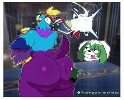 2d 2d_(artwork) 2girls 4_fingers anthro anthro_female anthro_only ass ass_bigger_than_head ass_focus avian back_view bat_(object) big_ass big_butt big_thighs bird blue_eyes budge_(fortnite) butt_bigger_than_head butt_focus canid canine canis clover_team_leader disembodied_hand english english_text epic_games feathered_wings feathers female female/female female_anthro female_only fortnite fortnite:_battle_royale glistening glistening_ass glistening_butt golden_bag_nero hand_on_hip huge_ass huge_butt looking_at_another looking_back multicolored_body multicolored_fur open_mouth rear_view smacking_ass smacking_butt spanked_butt spanking spanking_ass standing tail tail_feathers tearing_up tears text thick_thighs thighs thighs_together tongue tongue_out white_border wide_hips