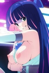 ai_generated blue_eyes bow breasts colored_inner_hair digitalwaifugallery female female_only grin hairbow heart hi_res high_quality high_resolution large_breasts long_hair multicolored_hair nipples official_style panty_&_stocking_with_garterbelt patreon pink_hair seductive sexy smile solo stocking_(psg) stocking_anarchy striped striped_legwear sword thighhighs two-tone_hair uncensored watermark weapon