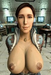 1girls ai_generated big_breasts brown_eyes brown_hair brown_nipples citizen_(half-life_2) closed_mouth cute cute_face half-life_(series) half-life_2 jacket laboratory large_breasts looking_at_viewer open_clothes pov pretty_face pretty_girl seductive_look smile