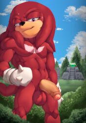 2026 abs absurd_res anthro balls bedroom_eyes biceps big_balls big_penis black_eyeliner bodily_fluids chest_markings clothing cloud digital_drawing_(artwork) digital_media_(artwork) dripping echidna erection evergreen_tree eyeliner foreskin forest forest_background genital_fluids genitals gloves grass_field handwear hi_res humanoid_genitalia humanoid_penis knuckles_the_echidna makeup male mammal markings master_emerald monotreme muscular muscular_anthro muscular_male narrowed_eyes nature nature_background neck_muscles pecs penis pine_tree plant polarisart portrait precum precum_drip purple_eyes red_body seductive sega shrub sky smile smirk solo sonic_(series) sonic_the_hedgehog_(series) spiked_gloves spikes sweat tail three-quarter_portrait tree