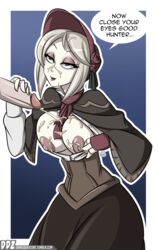 big_breasts bloodborne blue_eyes breasts clothed clothing cum cum_on_breasts cum_on_face dankodeadzone dialogue doll dress ejaculation female fingerless_gloves fromsoftware gloves handjob hat human humanoid male male_human/female_humanoid nipples penis plain_doll short_hair simple_background text white_hair