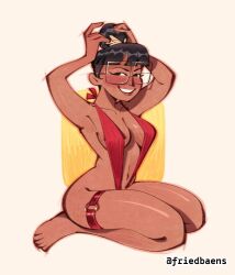 1girls 2d 2d_(artwork) 2d_artwork arm_above_head arm_up armpits arms_above_head arms_up belly belly_button big_breasts bikini breasts brown-skinned_female brown_skin brown_skinned_female busty busty_female busty_girl calves cleavage collarbone digital digital_art digital_drawing digital_drawing_(artwork) digital_media digital_media_(artwork) elbows feet female female_focus female_only fingers friedbaens full_body glasses glasses_on_face glasses_on_head hand_above_head hand_up hands_above_head hands_up high_resolution highres hourglass_figure knees large_boobs large_breasts lean_figure legs legs_folded long_hair looking_at_viewer midriff narrow_waist navel oc one-piece_swimsuit original original_art original_artwork original_character rectangular_glasses red_bikini red_one-piece_swimsuit red_swimsuit red_swimwear seiza shoulders simple_background sitting sitting_on_floor sitting_on_ground sitting_on_knees slender_body slender_waist slim_waist smile smiley_face smiling smiling_at_viewer solo swimsuit swimwear thighband thighs toes white_background wide_hips yellow_background