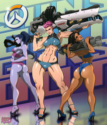 2d 3girls abs ass blizzard_entertainment bra breasts cleavage dark-skinned_female dark_skin female female_only flannaganthered high_heels looking_at_viewer muscles muscular_female nipples open_toe_shoes overwatch panties pharah sports_bra thong underwear widowmaker zarya