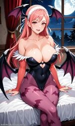 ai_generated bat_wings breasts bridal_gauntlets capcom cherche_(fire_emblem) covered_navel darkstalkers female fire_emblem fire_emblem_awakening head_wings headband huge_breasts leotard long_hair low_wings mature_female milf morrigan_aensland morrigan_aensland_(cosplay) nintendo pantyhose pink_eyes pink_hair pixai skin_tight tagme wings