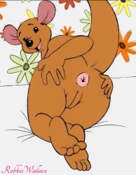 anthro anus ass brown_body butt_focus digital_media_(artwork) disney feet female genitals hi_res kanga kangaroo looking_at_viewer macropod mammal marsupial mature_female presenting robbiewallace simple_background smile smiling_at_viewer solo vulva winnie_the_pooh_(franchise)