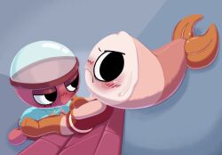 anthro arthropod balls blush blushcrunch_studio bodily_fluids clothed clothing crustacean dandy's_world digital_media_(artwork) duo eyelashes fellatio female for_a_head four-pundo genitals gigi_(dandy's_world) hi_res humanoid male male/female marine object_head oral oral_penetration penetration penile penis red_body roblox sex shrimp shrimpo_(dandy's_world) simple_background sweat sweatdrop sweater toon_(dandy's_world) topwear