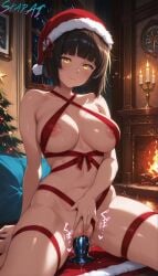 ai_generated areola_slip black_hair blunt_bangs blush breasts candle christmas christmas_tree clitoris closed_mouth collarbone dildo female female_masturbation fire fireplace hat heart indoors large_breasts looking_at_viewer masturbation merry_christmas mio_(tsuki_ga_michibiku_isekai_douchuu) naked_ribbon navel nipples object_insertion pussy pussy_juice red_headwear red_ribbon ribbon santa_hat sex_toy short_hair sitting skarai smile solo spread_legs sweat tsuki_ga_michibiku_isekai_douchuu uncensored vaginal_object_insertion vaginal_penetration window yellow_eyes