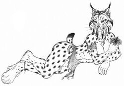 anthro barefoot digitigrade feline female flower greyscale inkrend lying lynx mammal monochrome paws plant pussy simple_background sketch smile tribal white_background