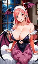 ai_generated bat_wings breasts bridal_gauntlets, capcom cherche_(fire_emblem) covered_navel darkstalkers female fire_emblem fire_emblem_awakening head_wings headband huge_breasts leotard long_hair low_wings mature_female milf morrigan_aensland morrigan_aensland_(cosplay) nintendo pantyhose pink_eyes pink_hair pixai skin_tight tagme wings