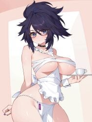 1girls animated apron areola_slip big_breasts black_choker blue_eyes blue_hair bouncing_breasts breasts chest_sarashi choker cup female glasses high_ponytail highres holding holding_tray indie_virtual_youtuber kson_onair large_breasts looking_at_viewer nearly_naked_apron pelvic_curtain ponytail purple_hair purple_nails sarashi solo standing sweat thighs tray virtual_youtuber vtuber waterring