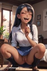 1girls ai_generated artist_name bed bedroom black_hair blue_skirt blush breasts calendar_(object) clock closed_eyes earclip fangs female hair_ornament hairclip hayase_nagatoro hi_res indoors loafers long_hair mole nail_polish no_panties open_mouth patreon_username please_don't_bully_me,_nagatoro pleated_skirt progenarts pussy red_nails school_uniform shirt shoes skirt smile socks solo spread_legs squatting tan tanlines uncensored web_address white_shirt