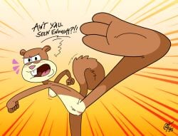 angry anthro blush breasts brown_fur bushy_tail english_text feet female female_focus female_only furry genitals kick kicking mammal nickelodeon nipples nude pussy rodent sandy_cheeks sciurid side_boob solo solo_female solo_focus spongebob_squarepants squirrel text tree_squirrel unclescooter vulva