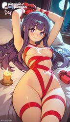 1girls 2026 ai_assisted ai_generated anime artist_name box breasts bust explicit fern_(sousou_no_frieren) frieren_beyond_journey's_end gift gift_box hi_res high_quality high_resolution highres long_hair lying naked_ribbon navel night on_bed patreon patreon_username pillow purple_eyes purple_hair red_ribbon ribbon ribbon_bondage skypassion smile sousou_no_frieren stable_diffusion valentine valentine's_day watermark