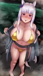 1girls animal_ears bikini black_robe blush bow breasts cleavage commentary_request ear_bow female full_body gold_bikini gold_ship_(umamusume) grey_hair highres horse_ears horse_girl horse_tail large_breasts long_hair navel newbienoodles no_headwear onsen outdoors purple_bow purple_eyes robe smile solo stomach swimsuit tail tongue tongue_out umamusume