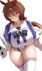 1girls absurdres adapted_costume agnes_tachyon_(umamusume) alternate_breast_size_(larger) animal_ears blush bow bowtie breasts brown_hair brown_tail commentary covered_navel female female_only hair_between_eyes highleg highleg_leotard highres horse_ears horse_girl horse_tail horseshoe_ornament huge_breasts impossible_clothes impossible_leotard leaning_forward leotard long_hair_between_eyes looking_at_viewer nyxo plump purple_bow purple_bowtie red_eyes sailor_collar sailor_leotard school_uniform simple_background solo symbol-only_commentary tail thick_thighs thighhighs thighs tracen_school_uniform umamusume white_background white_leotard white_sailor_collar white_thighhighs
