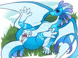2025 anus blue_body blush bodily_fluids claws colored cum cum_from_vagina cum_in_vagina cum_inside digital_drawing_(artwork) digital_media_(artwork) dragon female feral flat_colors genital_fluids genitals hi_res horn konejo leaking_cum legs_up looking_at_viewer lying membrane_(anatomy) membranous_wings mythological_creature mythological_scalie mythology non-mammal_vulva nude on_back on_grass on_ground pink_anus pink_vulva presenting presenting_vulva purple_eyes scalie smile smiling_at_viewer solo spread_legs spread_vulva spreading tail vulva wings