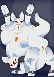 3_toes absurd_res anus ass barefoot black_nose cuffs_(clothing) digital_media_(artwork) e-01 feet female feral fur genitals hi_res looking_at_viewer looking_back neve_(deidra) nude orange_anus orange_eyes orange_vulva presenting presenting_anus presenting_hindquarters presenting_vulva rain_world simple_background slugcat smile soles solo spread_legs spreading tail toes videocult vulva white_body white_fur