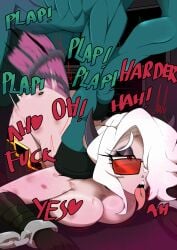 ahe_gao bruise chains demon demon_girl demon_horns demon_tail double_penetration double_penis glasses helltaker horse horsecock limbus_company project_moon red_eyes sunglasses tail_job theeyeofmonitor white_hair zdrada_(helltaker)